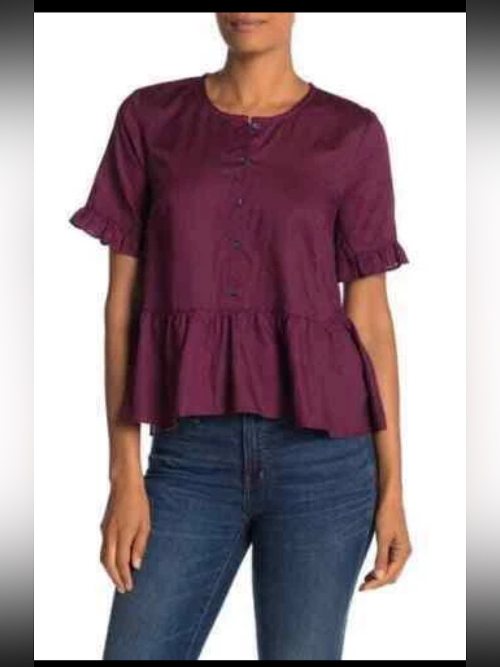 Madewell Short-Sleeve Peplum Button-Up Top in Plum